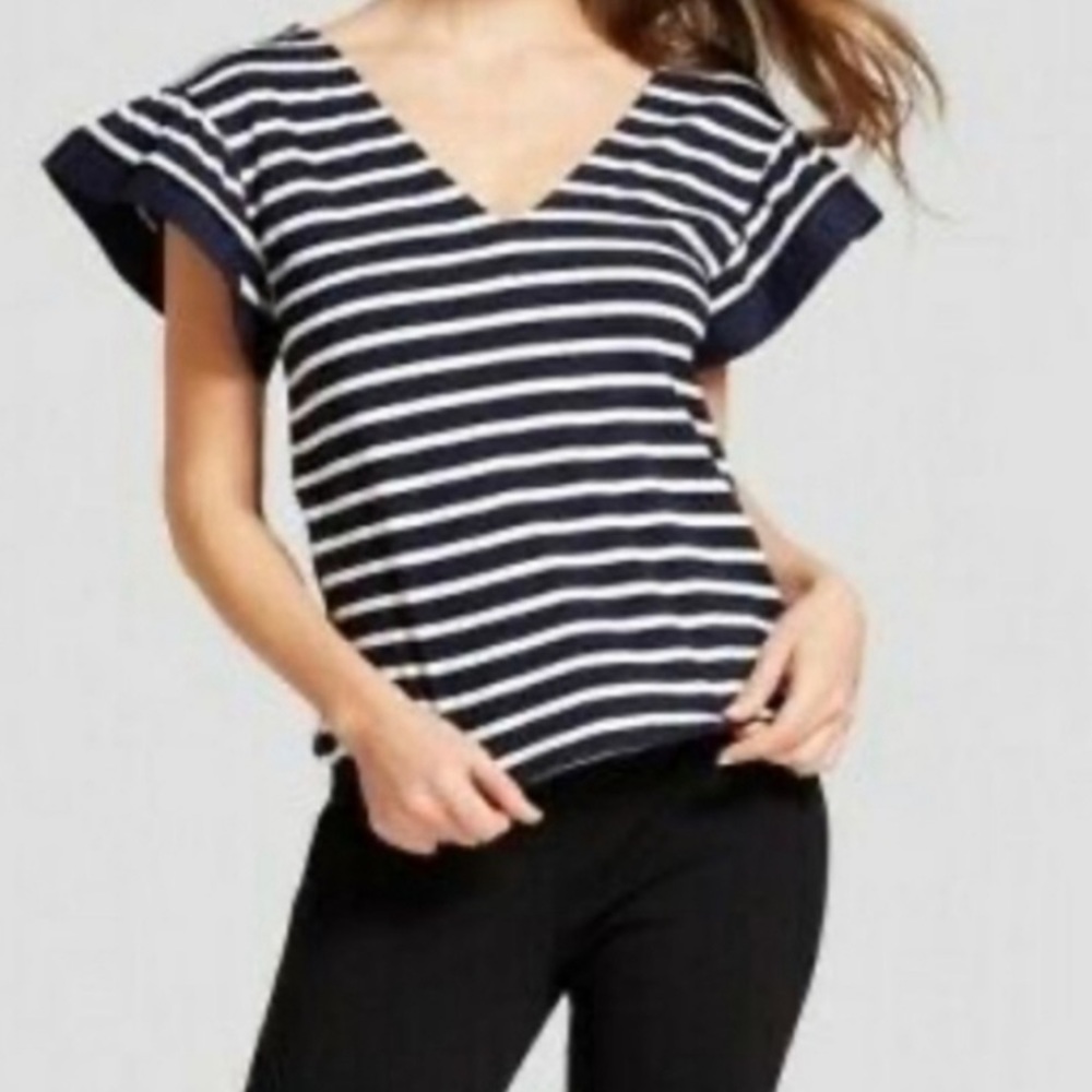 A New Day Navy & White Striped Short Ruffle Sleeve V Neck Top Small